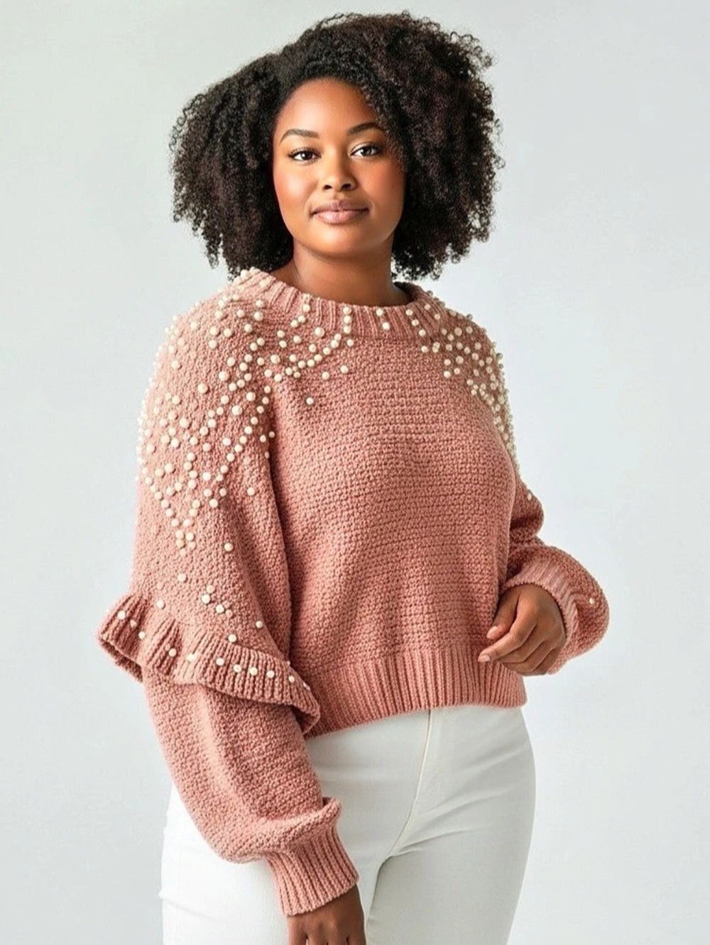 POL Mauve Pink Pearl Cable Knit Pullover Sweater